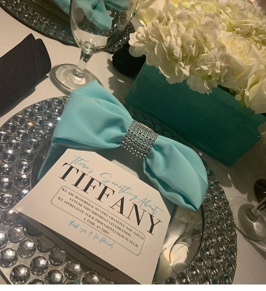 Tiffany themed place setting with rhinestone bow napkin and personalized menu card