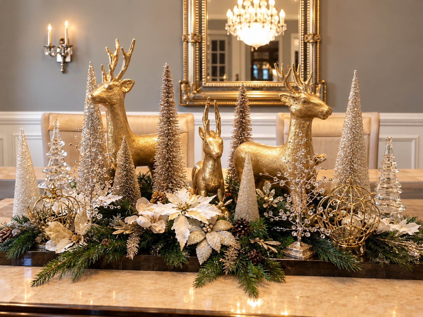 Glamorous gold reindeer holiday centerpiece