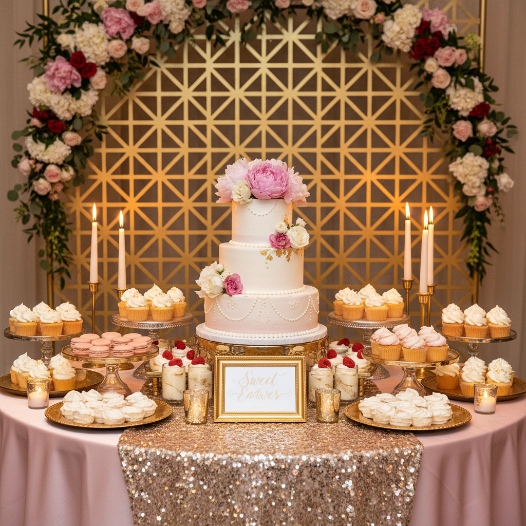 Elegant blush and gold bridal shower dessert table with tiered cake and fresh peonies