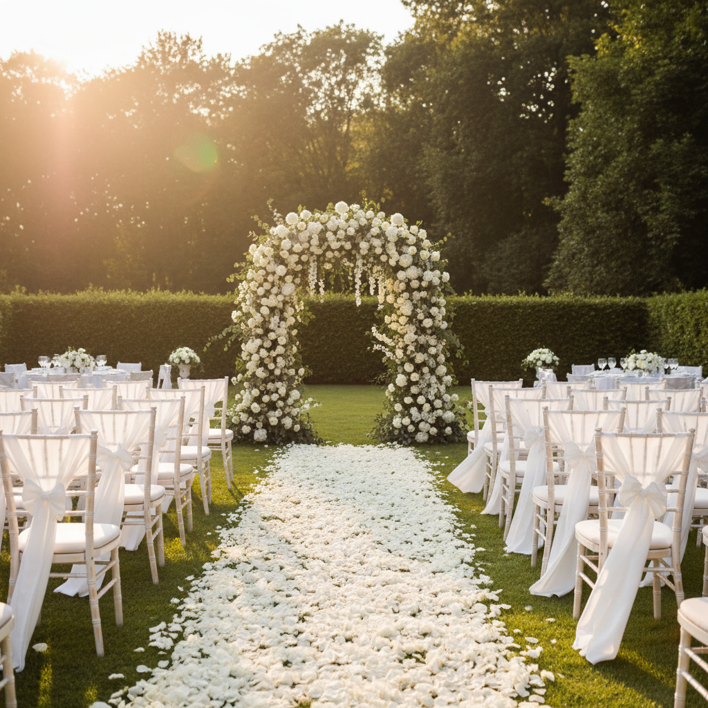 Elegant outdoor garden wedding ceremony aisle with white floral arch and rose petal path