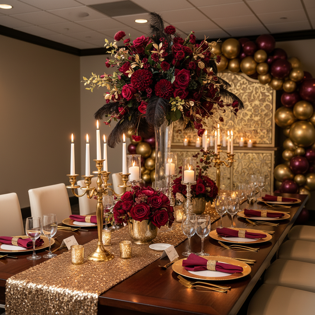 Glamorous burgundy and gold milestone birthday table with feather centerpiece and balloon arch
