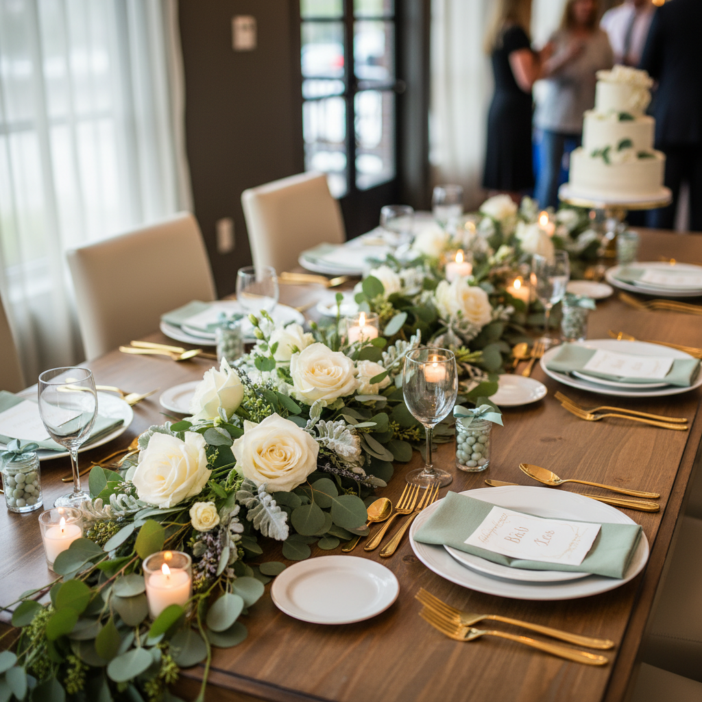 Luxury sage green and ivory baby shower tablescape with floral garland runner and tiered cake