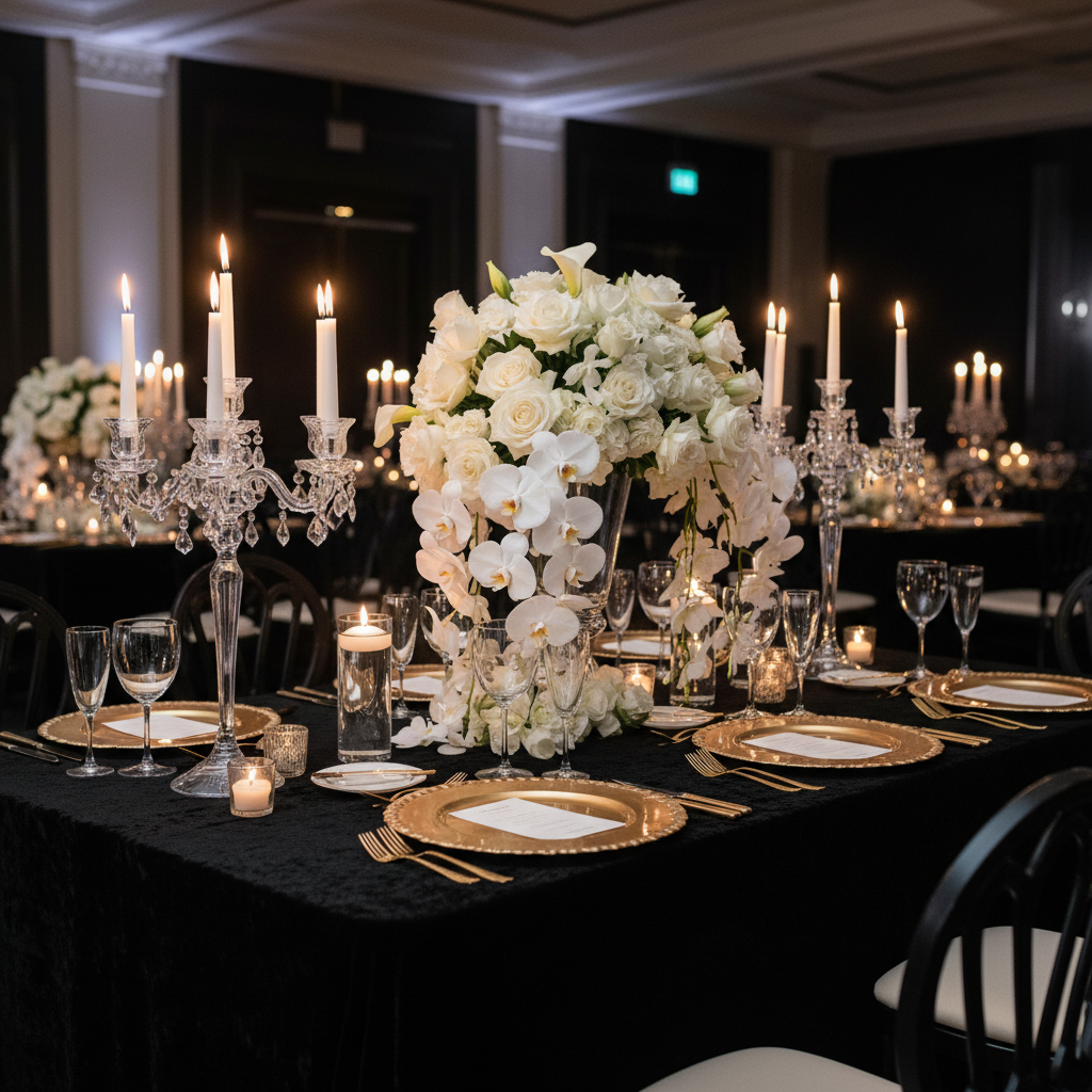 Luxury black tie gala with gold charger plates, crystal candelabras, and cascading orchid centerpiece