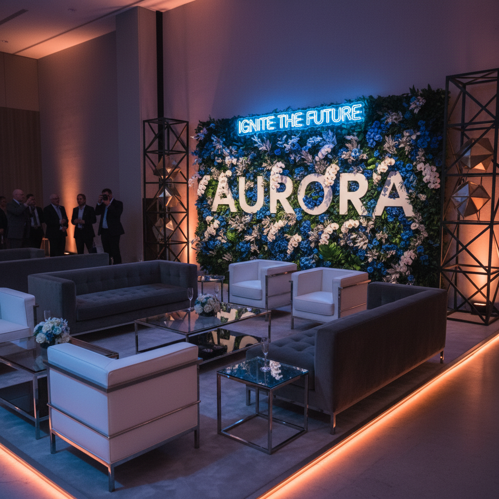 Upscale corporate brand activation lounge with floral wall installation and geometric decor